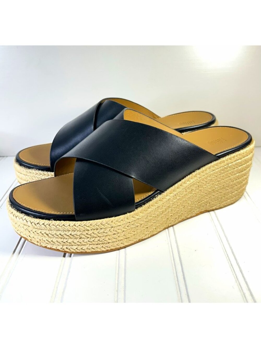 FitFlop Eloise 10 Black Leather Platform Espadrille Wedges Cross Slides Sandals